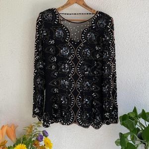 Vintage gold and black 80s silk beaded long sleeve blouse by Oleg Cassini